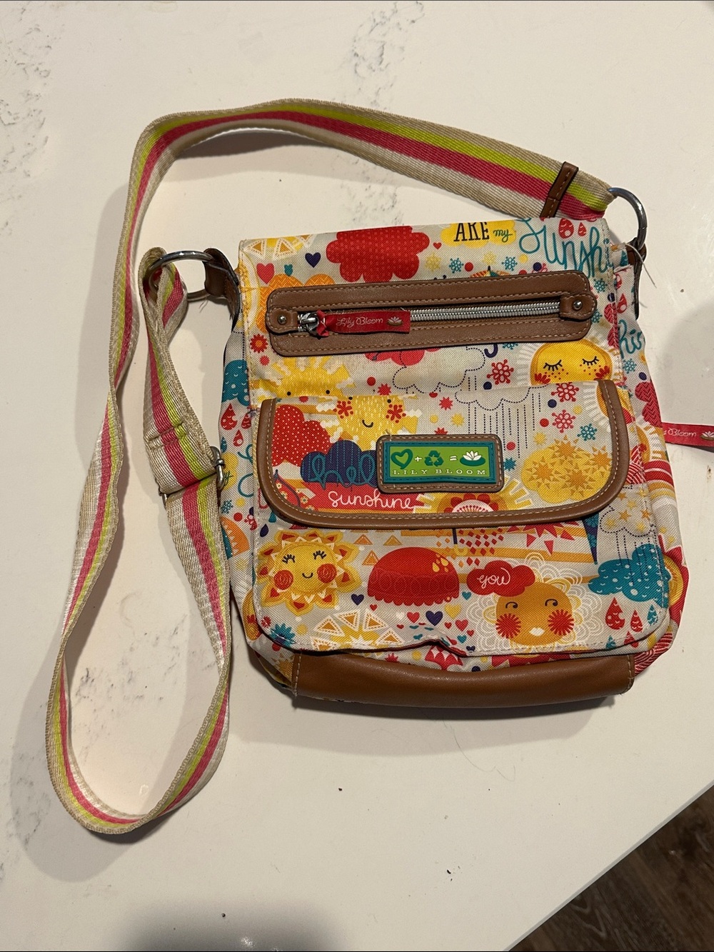 Lily Bloom Sunshine & Hearts Canvas Crossbody in Red, Yellow, Blue